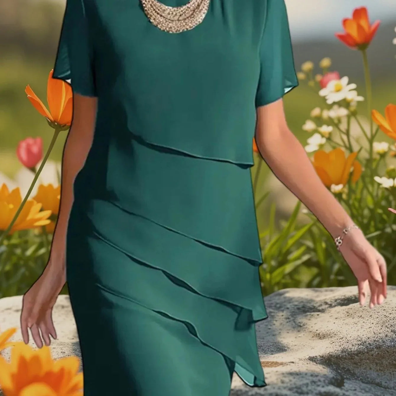 Round Neck Half Sleeve Layered Chiffon Dress Dark Green Bazaare Mart Short Sleeve Dress