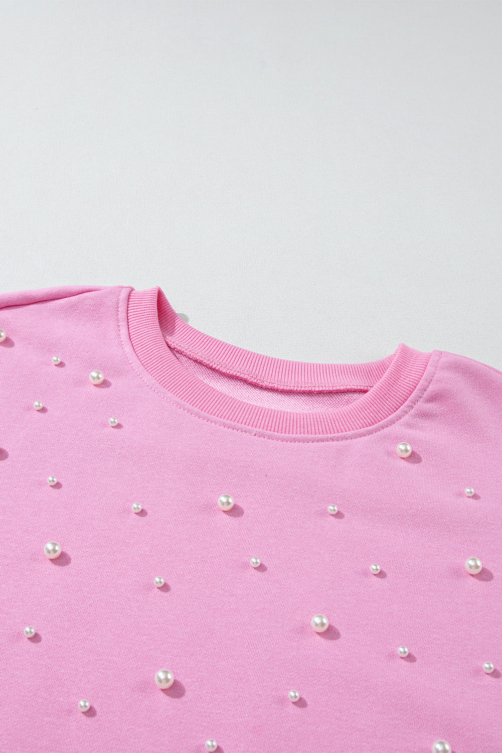 Pink Bonbon Pearl Detail Ribbed Crew Neck Sweatshirt