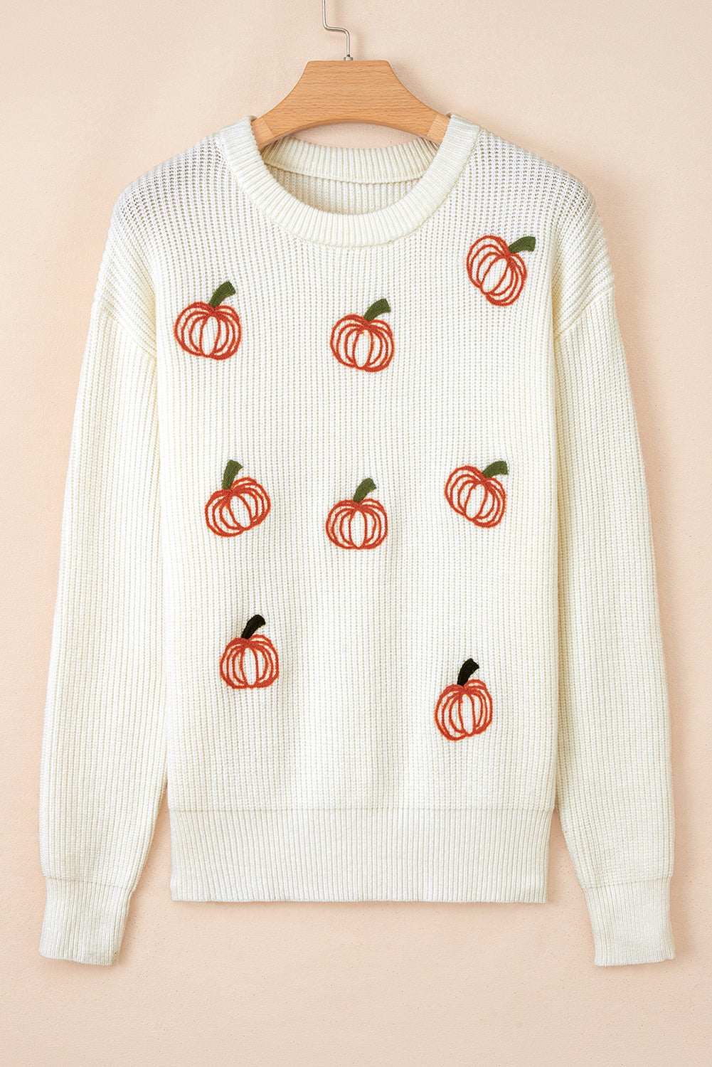 Beige Pumpkin Embroidered Ribbed Sweater