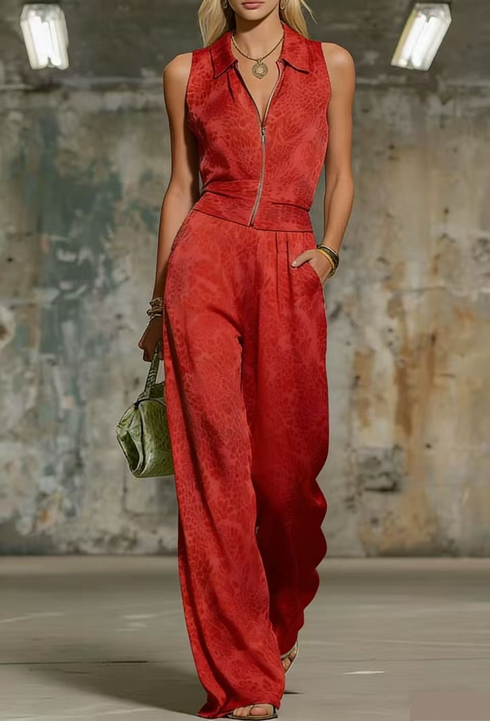Cool Printed Zip-Up Sleeveless Top & Matching Wide Leg Pants Set Red CJ Dropshipping Solid Color Jumpsuit