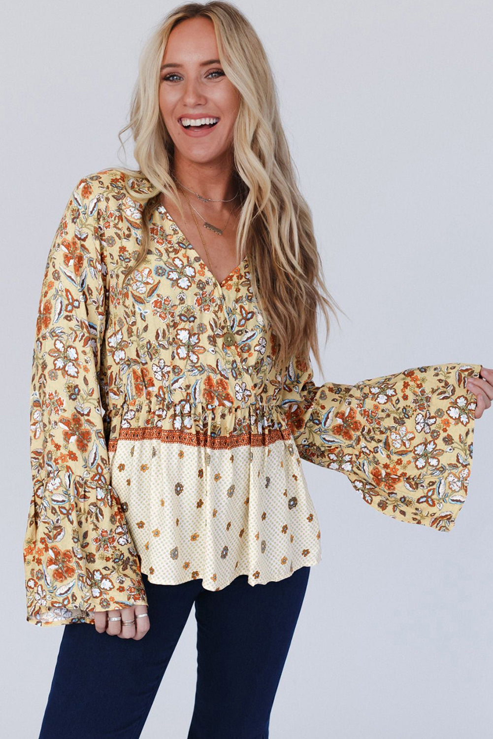Yellow Printed Floral Bell Sleeve V Neck Peplum Blouse