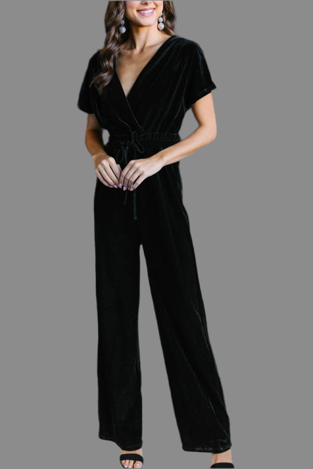 Drawstring Surplice Short Sleeve Velvet Jumpsuit