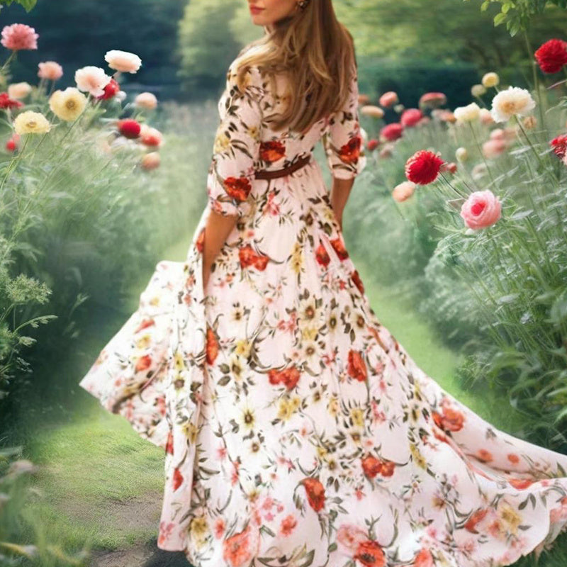 Elegant White with Red Floral Half Sleeve Midi Dress