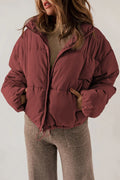 Zip Up Collared Neck Long Sleeve Winter Coat Brick Red Bazaare Mart Zip Up Collared Neck Long Sleeve Winter