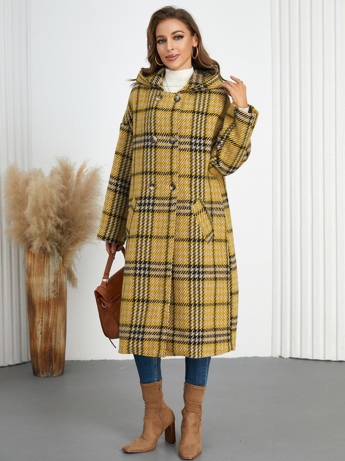 Plaid Double-Breasted Hooded Dress Coat