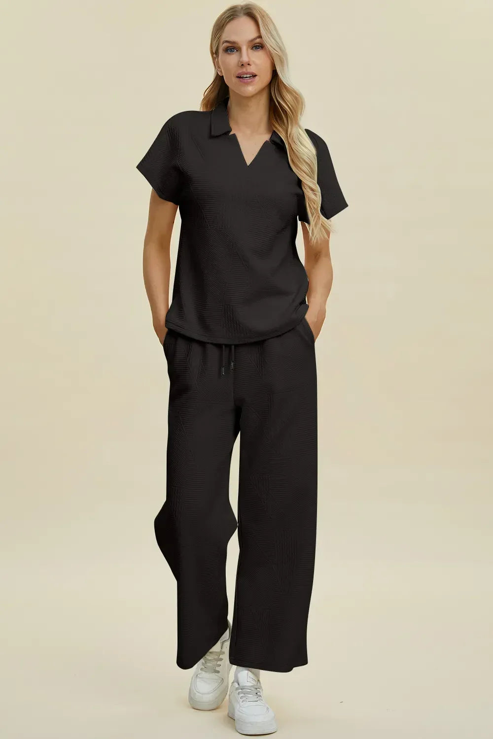 Double Take Full Size Collared Neck Short Sleeve Top and Pants Set Black Bazarre Mart Polo Pants Set