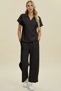Double Take Full Size Collared Neck Short Sleeve Top and Pants Set Black Bazarre Mart Polo Pants Set