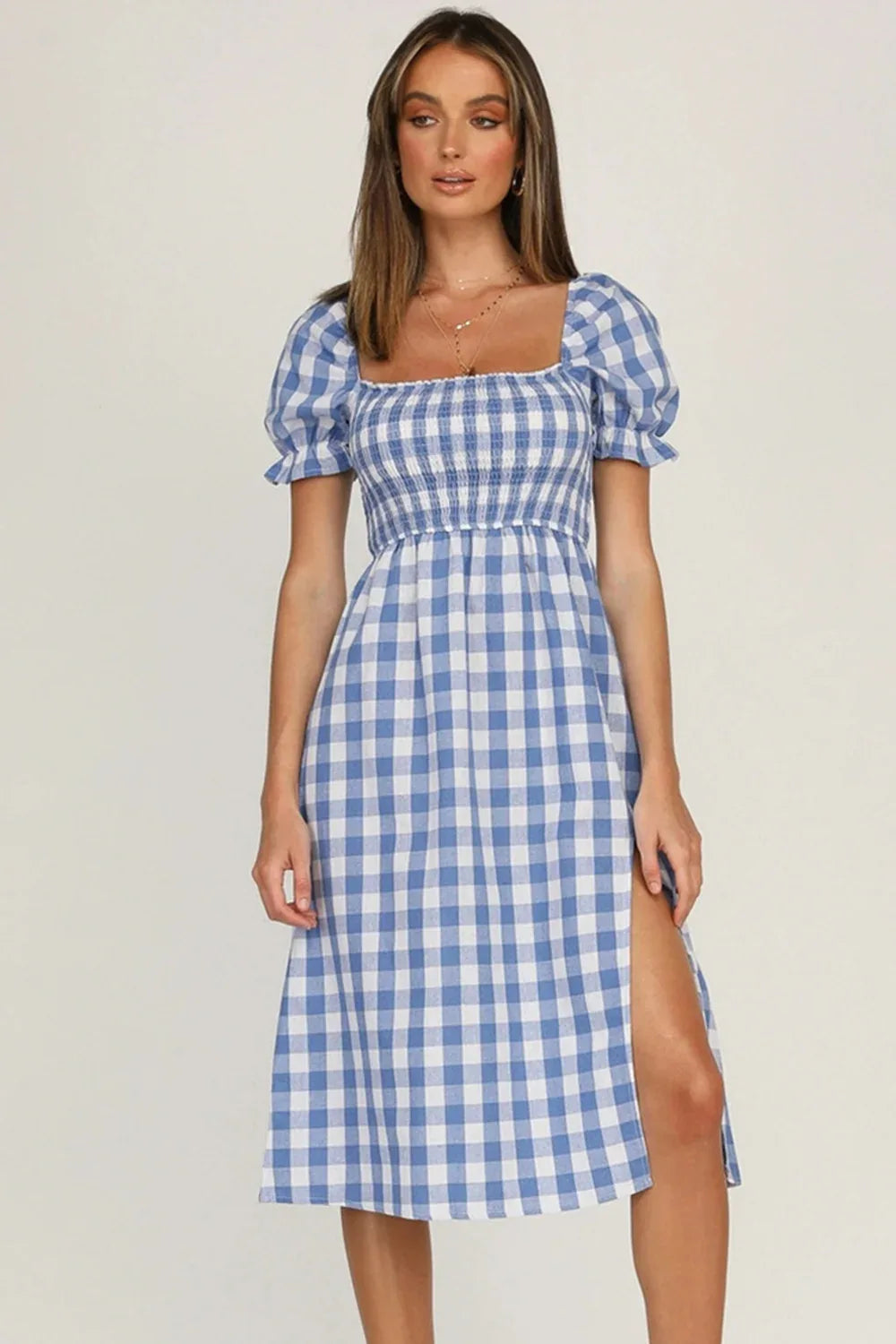 Plaid Short Sleeve Midi Dress Trendsi Plaid Short Sleeve Midi Dress