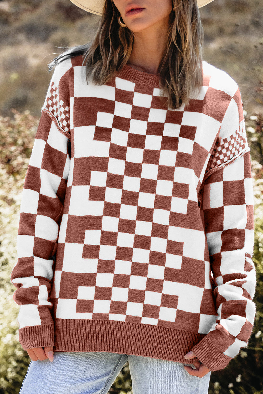 Brown Checkered Drop Shoulder Round Neck Sweater