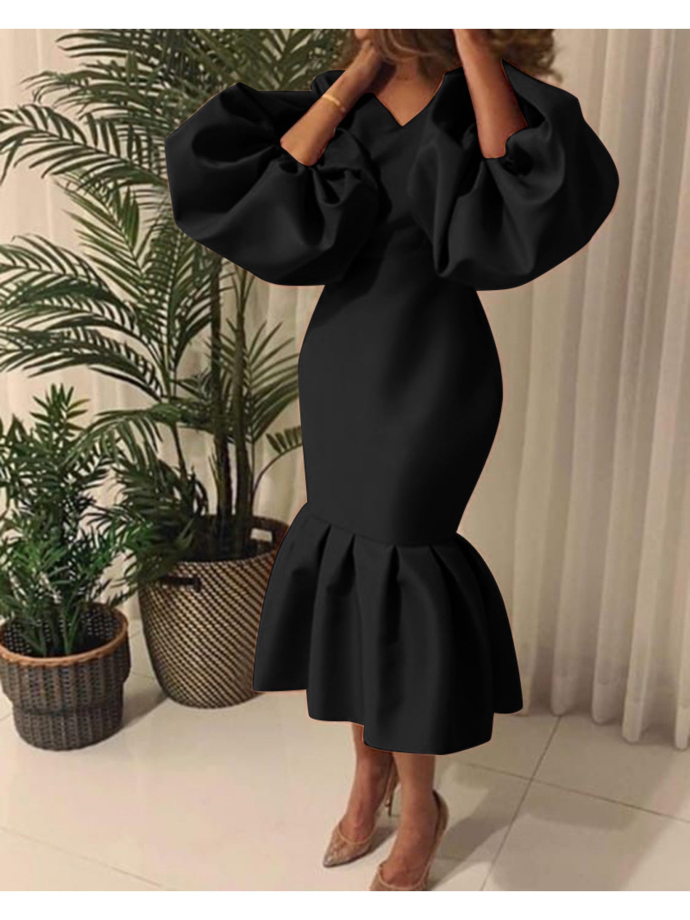 Cowl Neck Balloon Sleeve Mermaid Dress