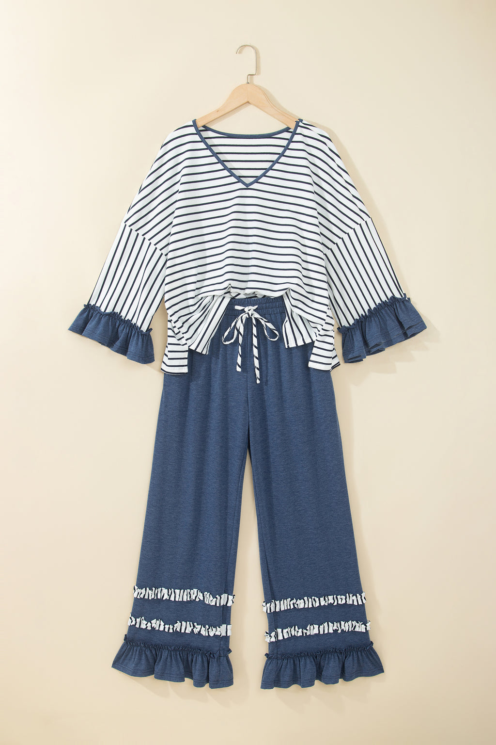 Gray Stripe V Neck Ruffle Contrast Sleeve Top Drawstring Pants 2pcs Set