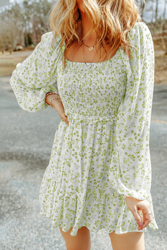 Pear Green Floral Puff Long Sleeve Mini Peasant Dress