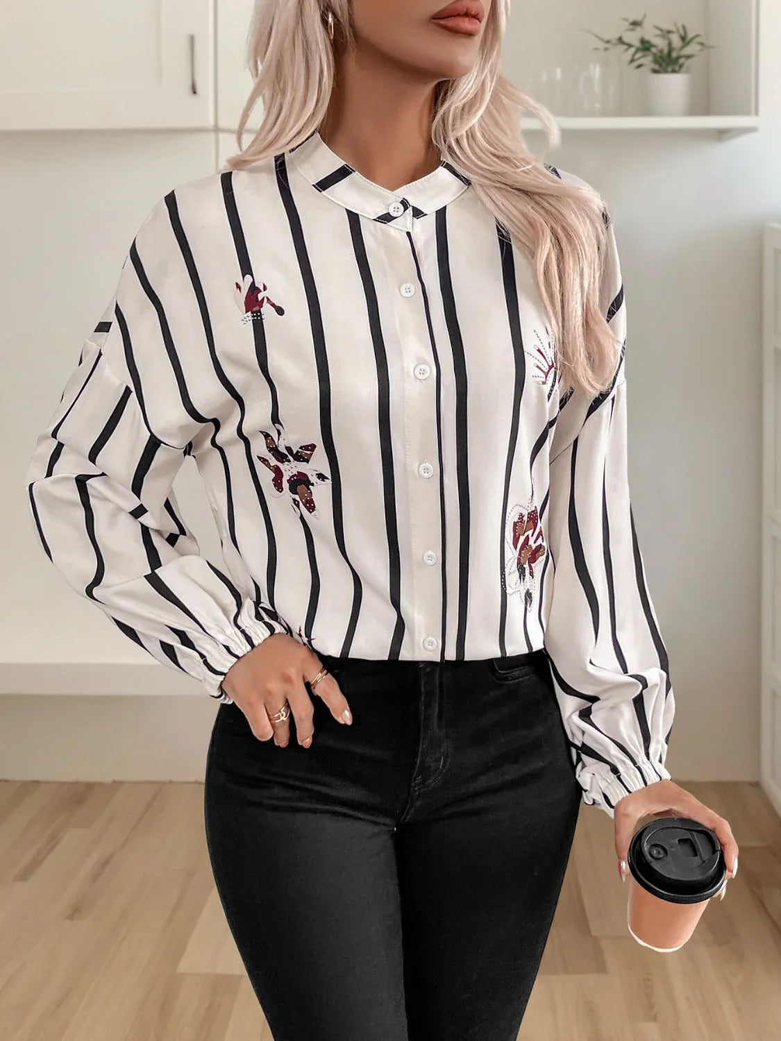 Perfee Striped Collared Neck Long Sleeve Shirt Bazarre Mart Striped Log Sleeve Shirt