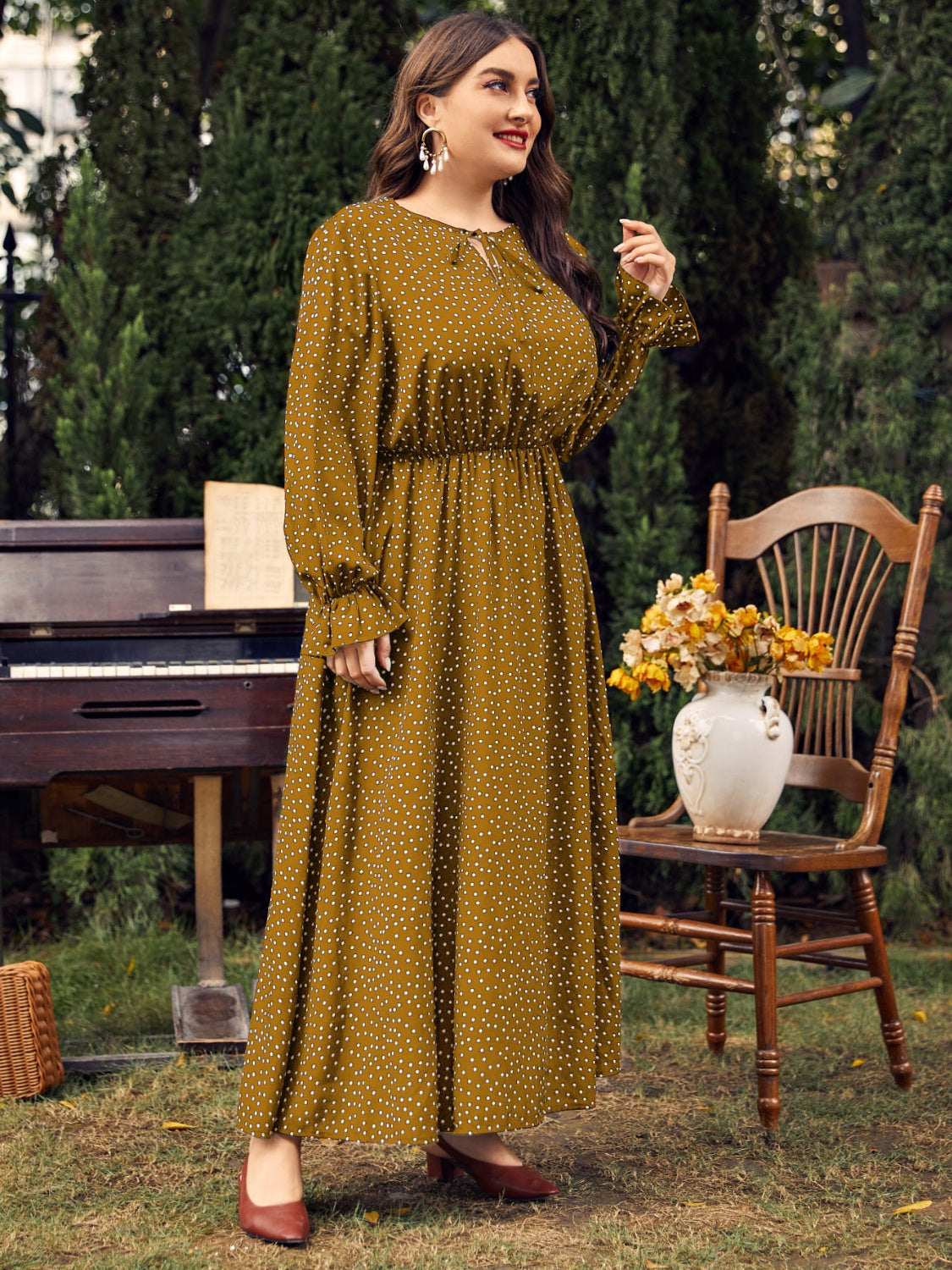 Fall Ruffled Polka Dot Long Sleeve Midi Dress