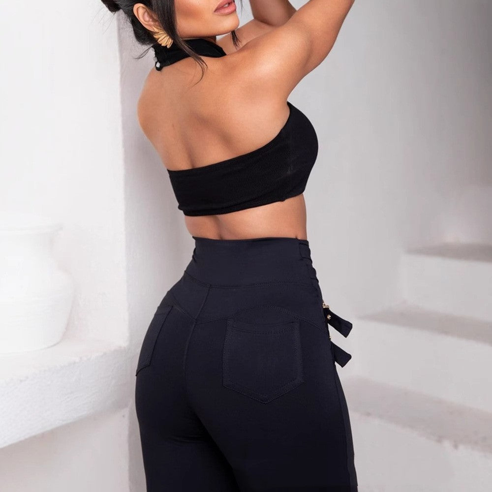 High Waist Metallic Criss Cross Skinny Pants CJ Dropshipping Belted Skinny Pants