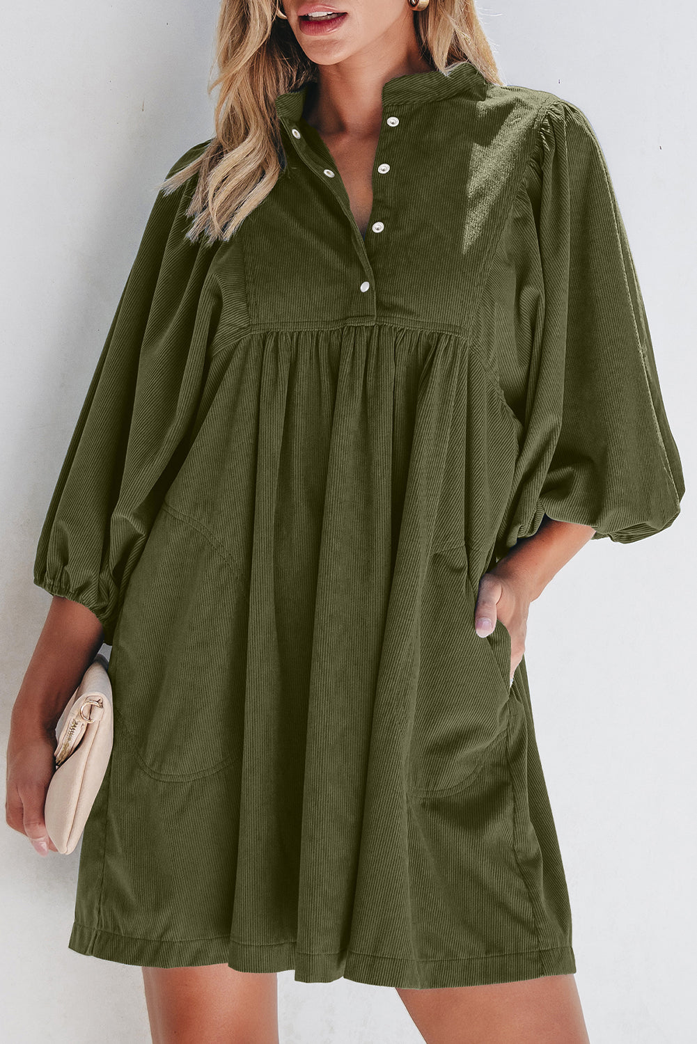 Army Green Corduroy 1/4 Snap Empire Waist Bracelet Sleeve Dress