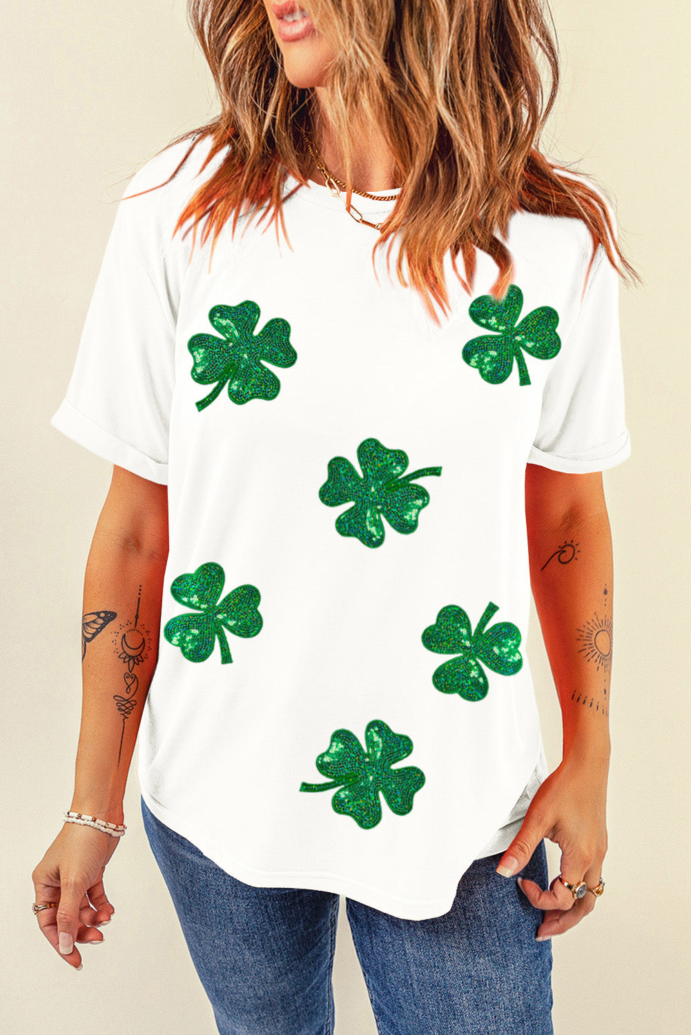 White Sequin Lucky Clover Tee