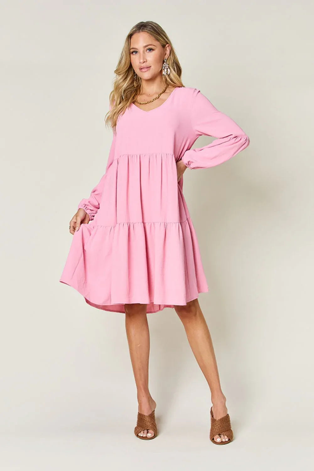 Solid V-Neck Long Balloon Sleeve Tiered Dress Bazaare Mart Long Sleeve Layered Dress