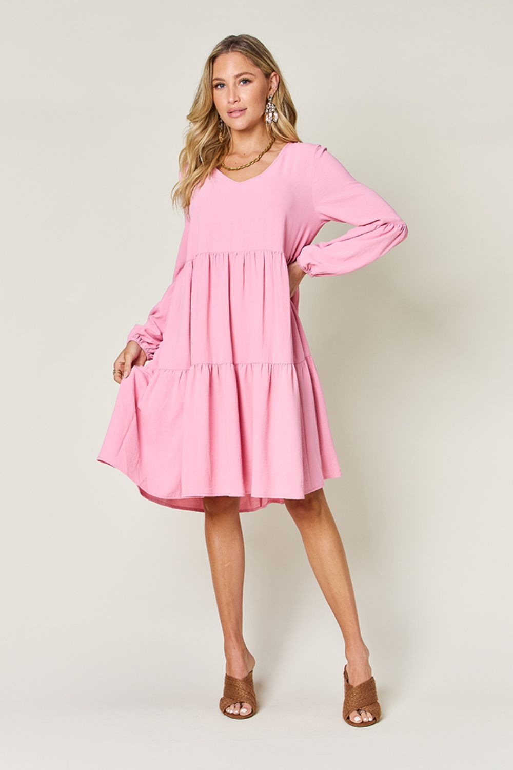 Trendy V-Neck Long Balloon Sleeve Tiered Dress