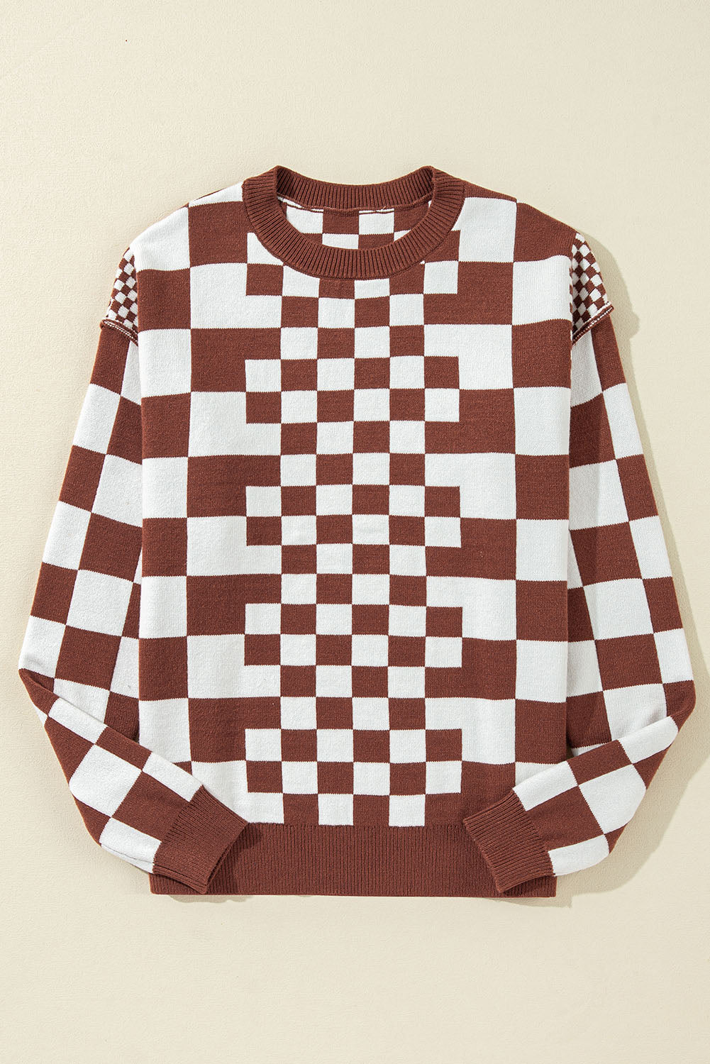 Brown Checkered Drop Shoulder Round Neck Sweater