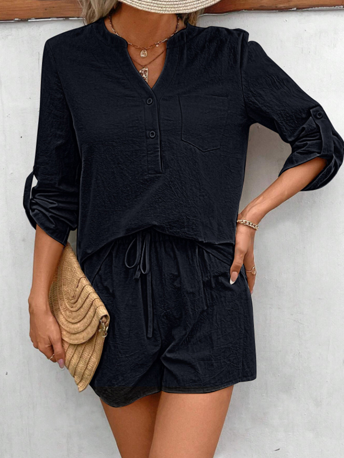 Black Rolled Long Sleeve Top and Drawstring Shorts Set