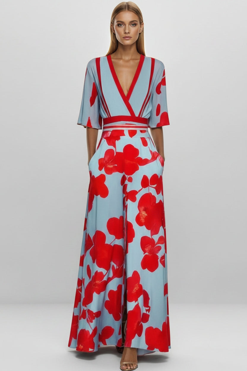 Classy Floral 3/4 Sleeve Peplum V-neck Maxi Dress Red CJ Dropshipping Elegant Floral Maxi Dress