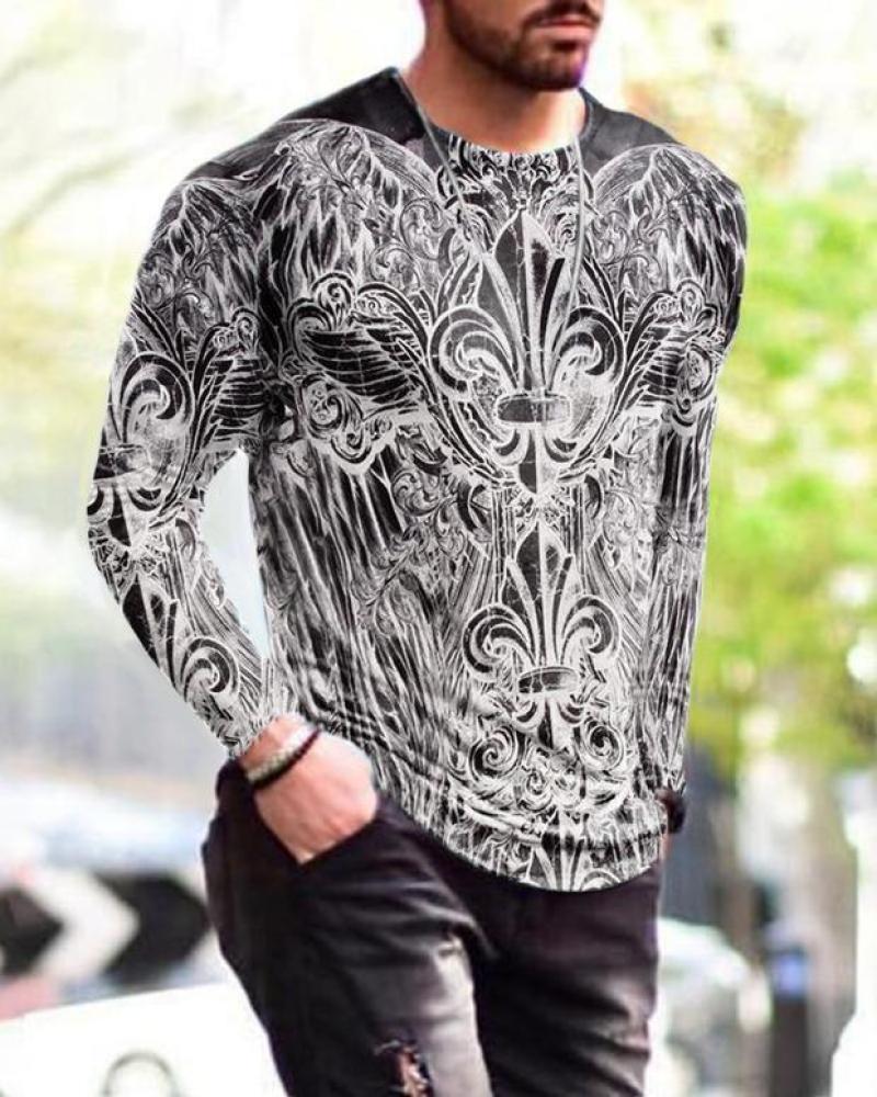 Men’s Geometric Print Long Sleeve T-Shirt – Slim Fit Casual Crew Neck Tee | Modern Graphic Shirts 10Color CJ Dropshipping Abstract Long Sleeve Tee