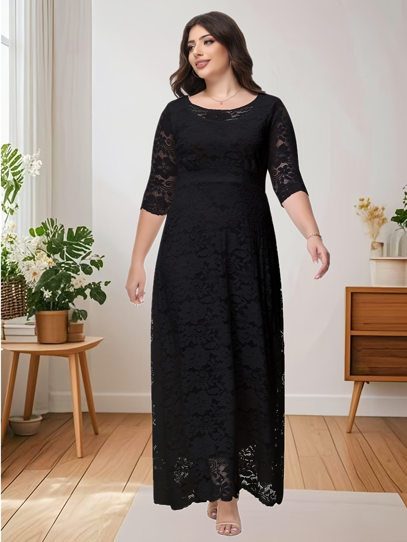 Black Plus Size O Neck Three Quarter Sleeve Lace Maxi Dress