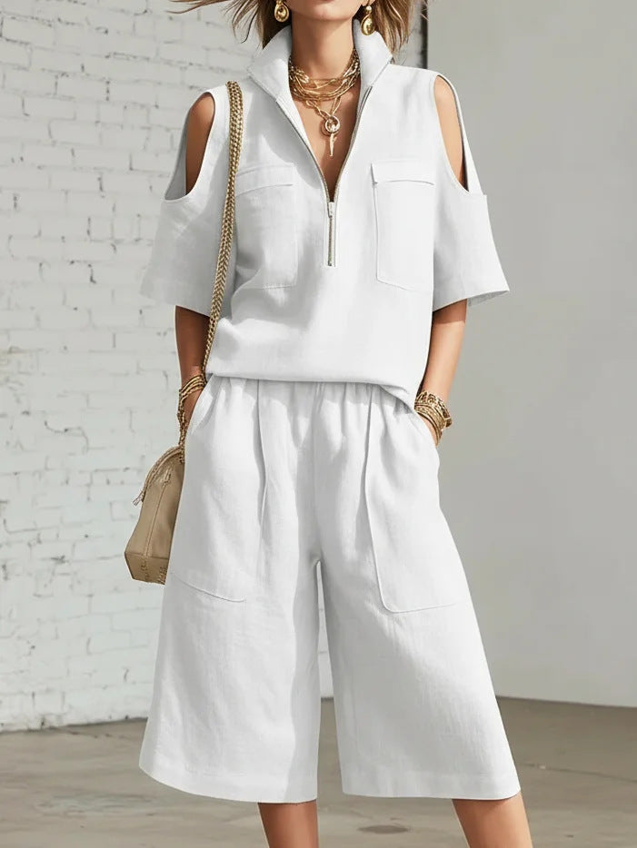 Women’s Cold Shoulder Half-Zip Top & Loose Gaucho Pants Set – Casual 2-Piece Outfit Plus Size White CJ Dropshipping 2pc Cold Shoulder Camp Shirt and Gaucho