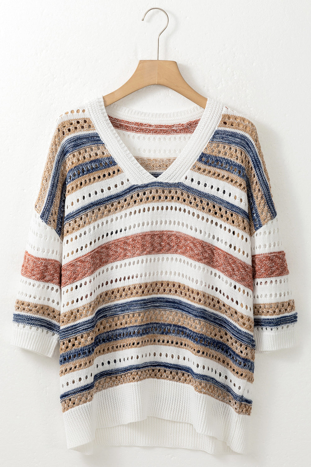 Multicolour Striped Hollow Out Half Sleeve Knitted Sweater