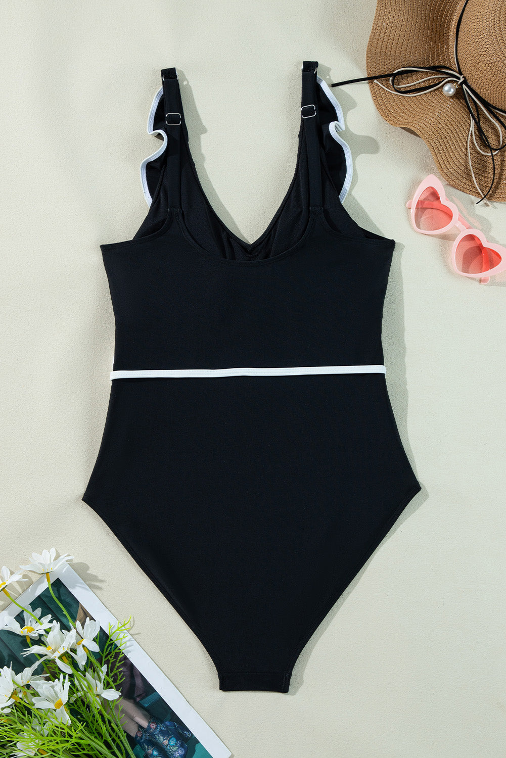 B&W Color Contrast Ruffled Wrap V Neck Swimsuit