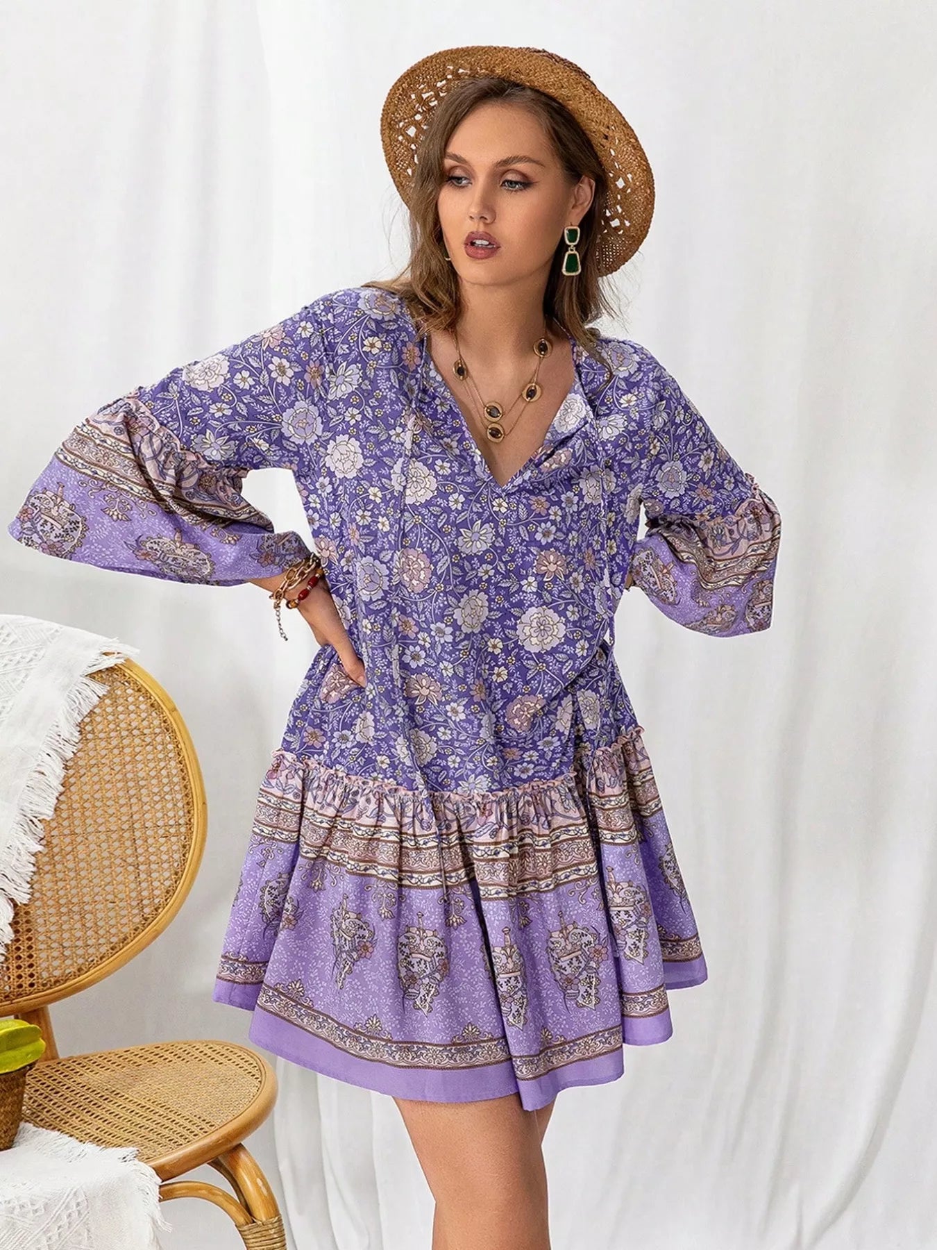 Purple Boho V-Neck 3/4 Sleeve Ruffle Hem Mini Dress Bazaare Mart Floral Print Ruffle Hem Mini Dress