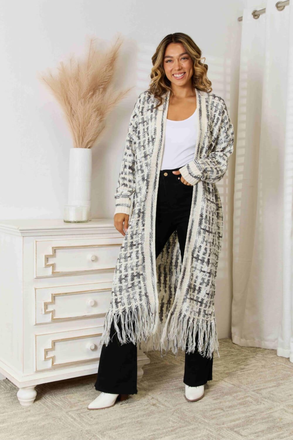 Multicolor Open Front Fringe Hem Duster Cardigan