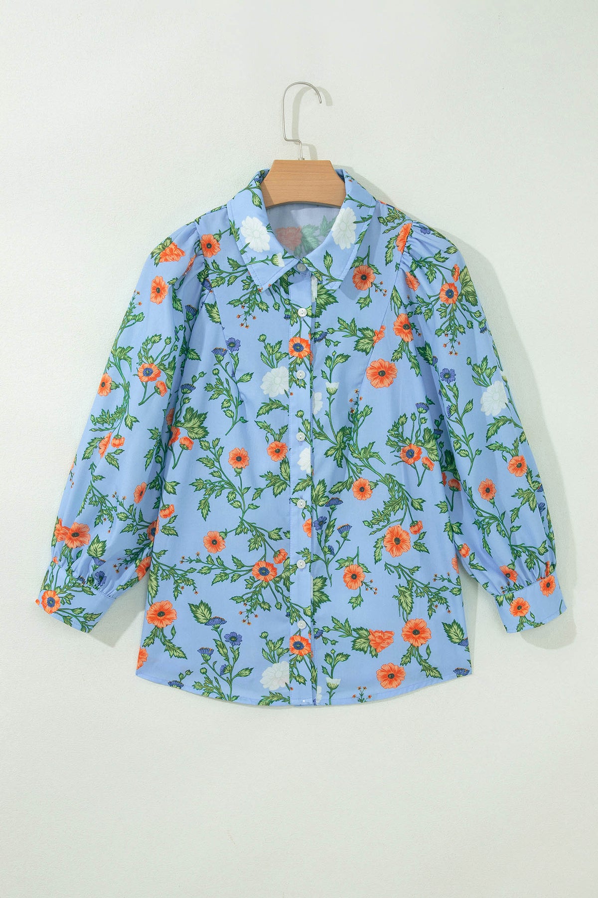 Sky Blue Floral Button-Down Blouse