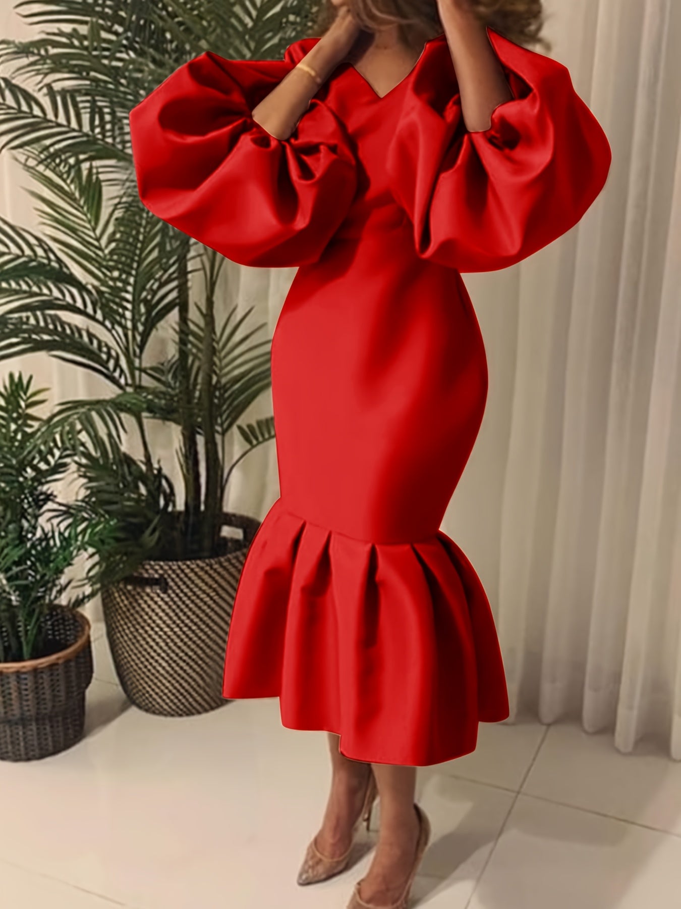 Cowl Neck Balloon Sleeve Mermaid Dress