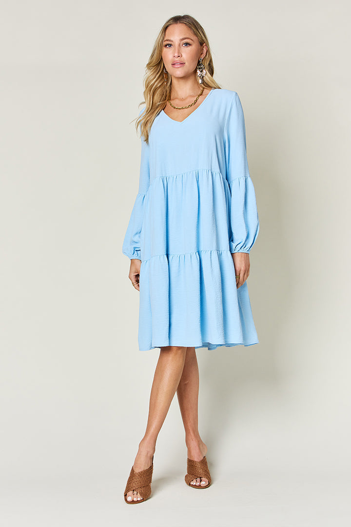 Trendy V-Neck Long Balloon Sleeve Tiered Dress