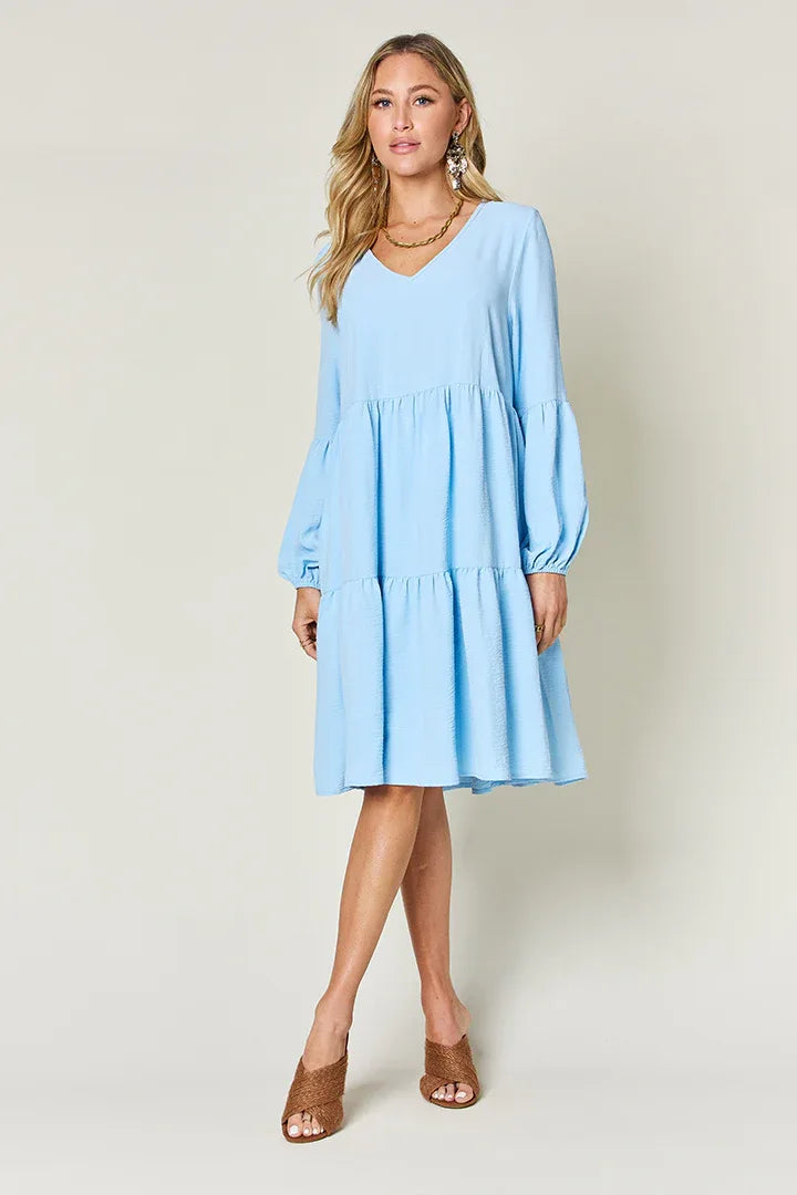 Solid V-Neck Long Balloon Sleeve Tiered Dress Bazaare Mart Long Sleeve Layered Dress
