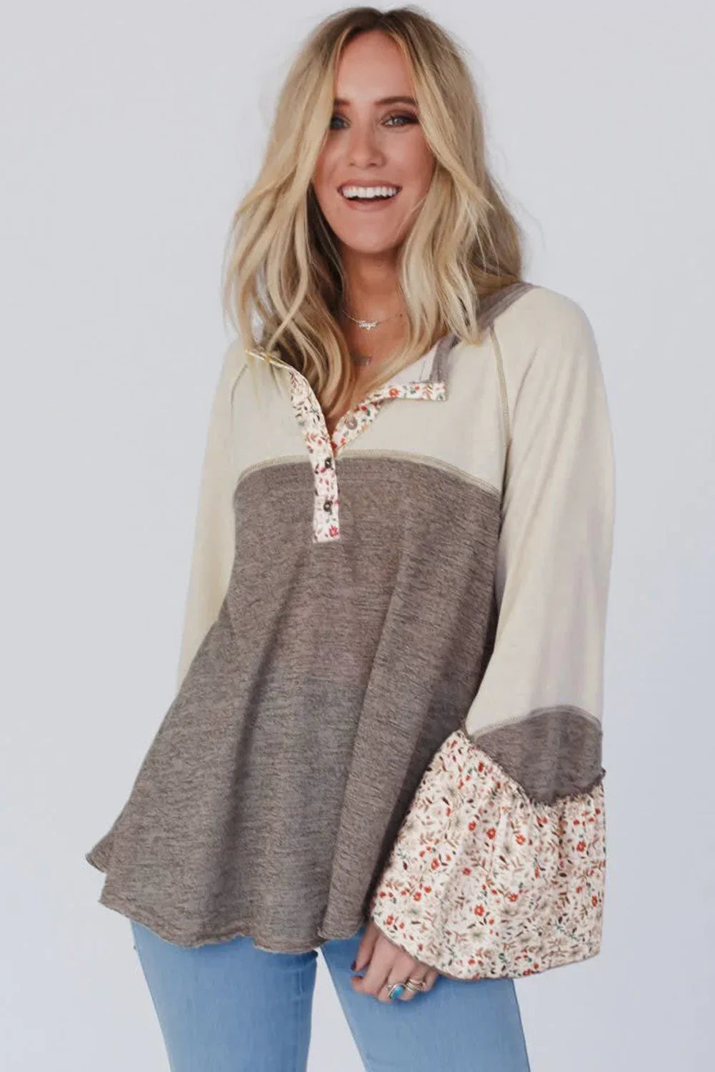 Floral Patchwork Flared Sleeve Henley Top Bazaare Mart Tops/Blouses & Shirts