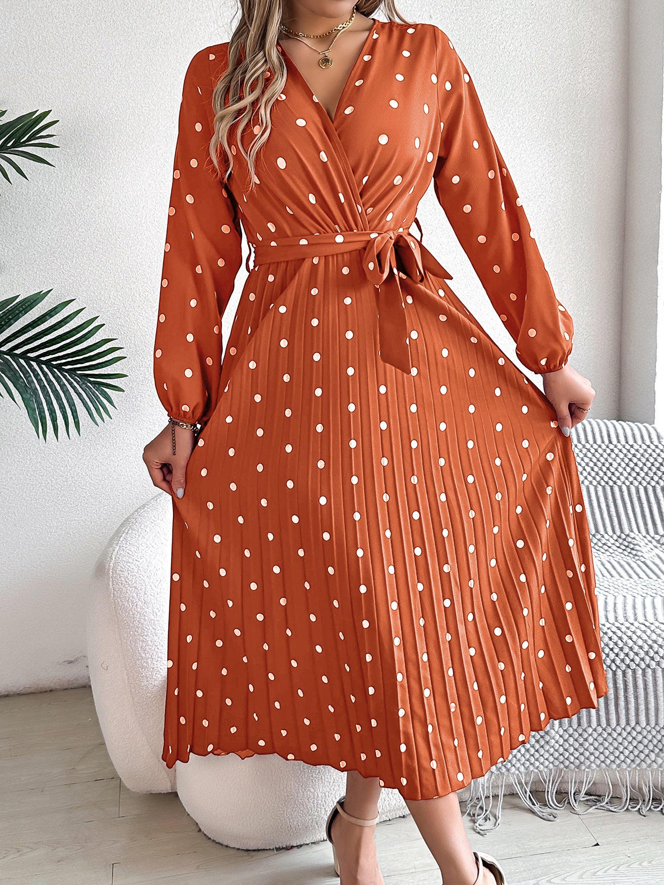 Elegant Polka Dot Pleated Maxi Dress – Cross V-Neck Long Sleeve Shirt Dress Orange CJ Dropshipping Long Sleeve Polka Dot Midi Dress
