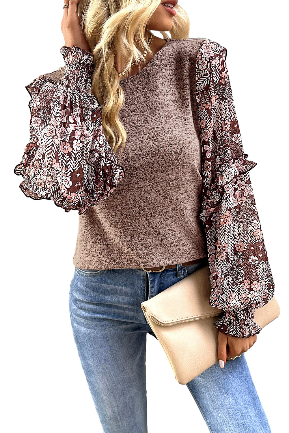 Pale Chestnut Sheer Floral Sleeve Crew Neck Top