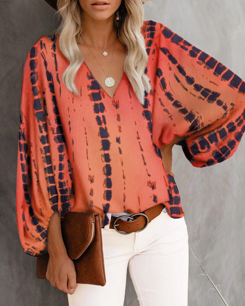 V-Neck Balloon Sleeve Floral Tops