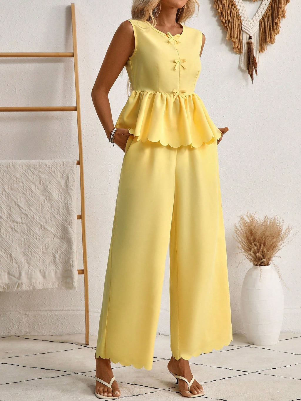 Yellow Two-Piece Wide Leg Pants Set – Scalloped Hem Bow Detail Women’s Outfit CJ Dropshipping Pants Outfit