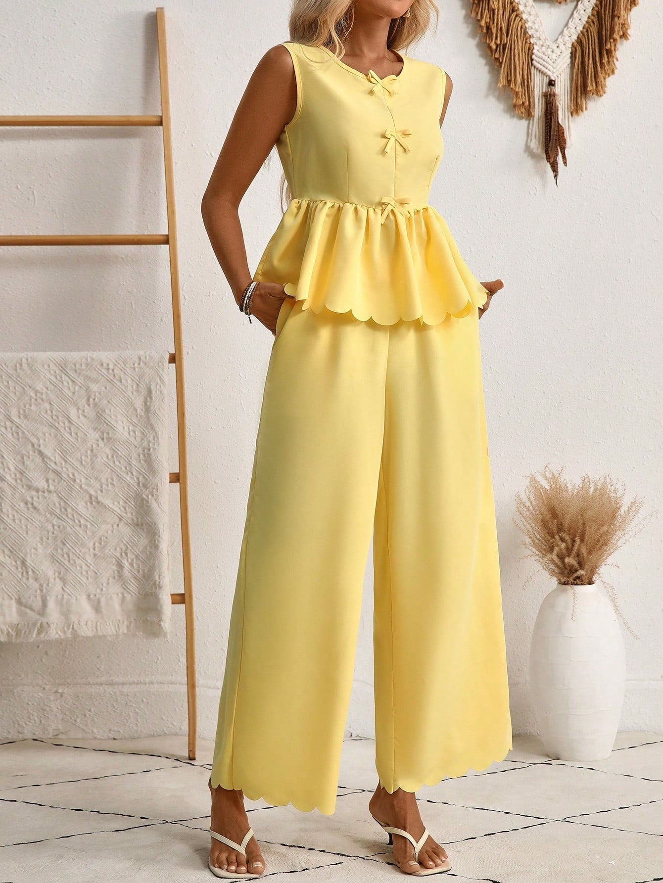 Yellow Two-Piece Wide Leg Pants Set – Scalloped Hem Bow Detail Women’s Outfit CJ Dropshipping Pants Outfit
