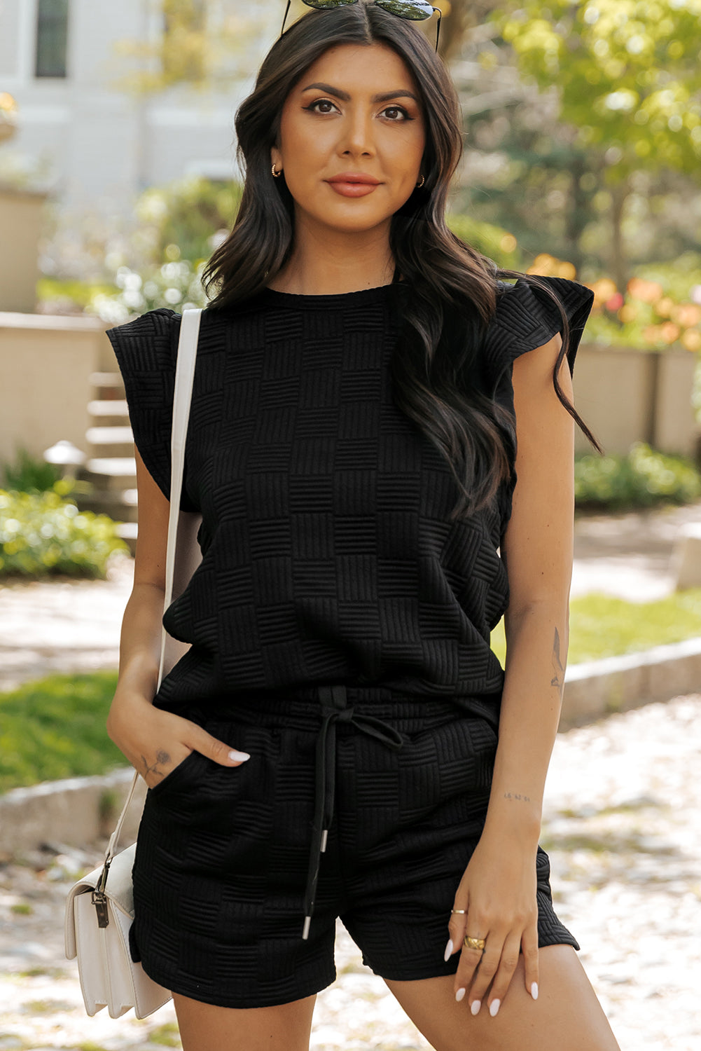 Black Textured Ruffled Sleeve Tee and Shorts Set