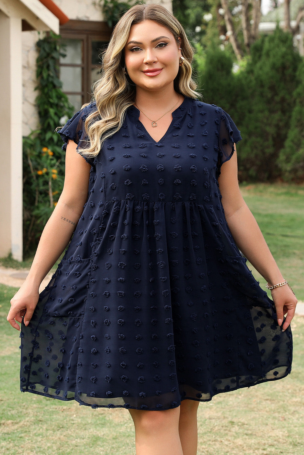 Navy Blue Dotty Textured Cap Sleeve Dress