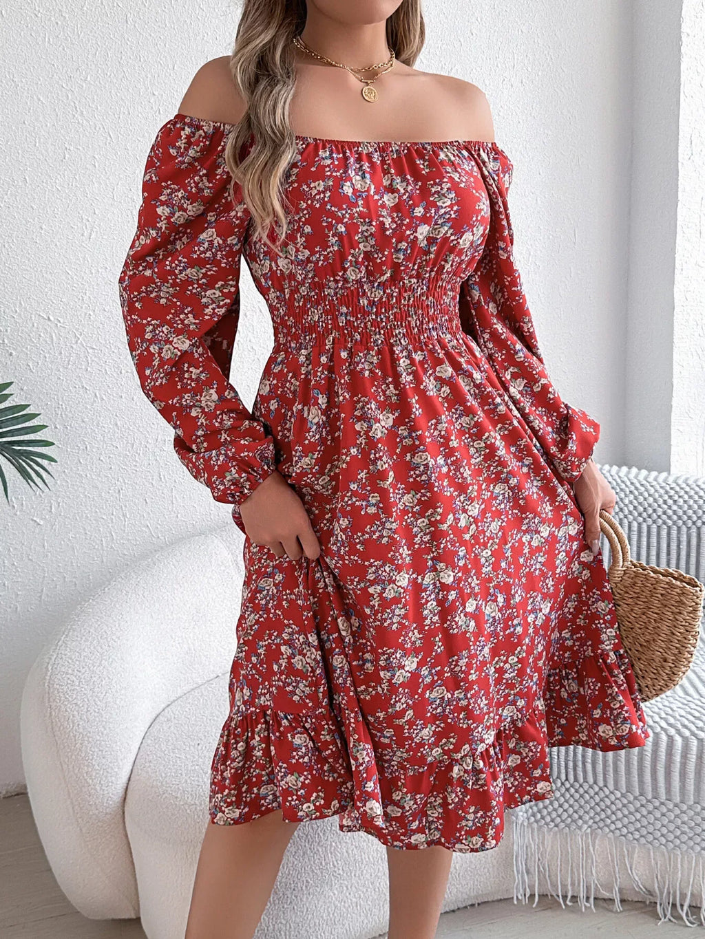 Floral Long Sleeve Square Neck Midi Dress Bazaare Mart Long Sleeve Floral Peasant Dress