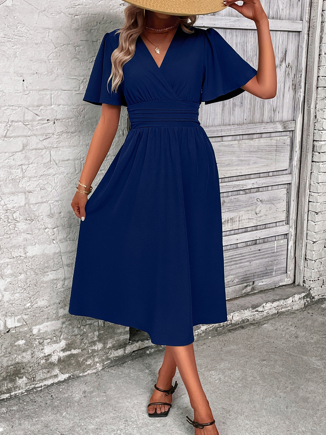 Classy Navy Surplice Flutter Sleeve Midi Dress