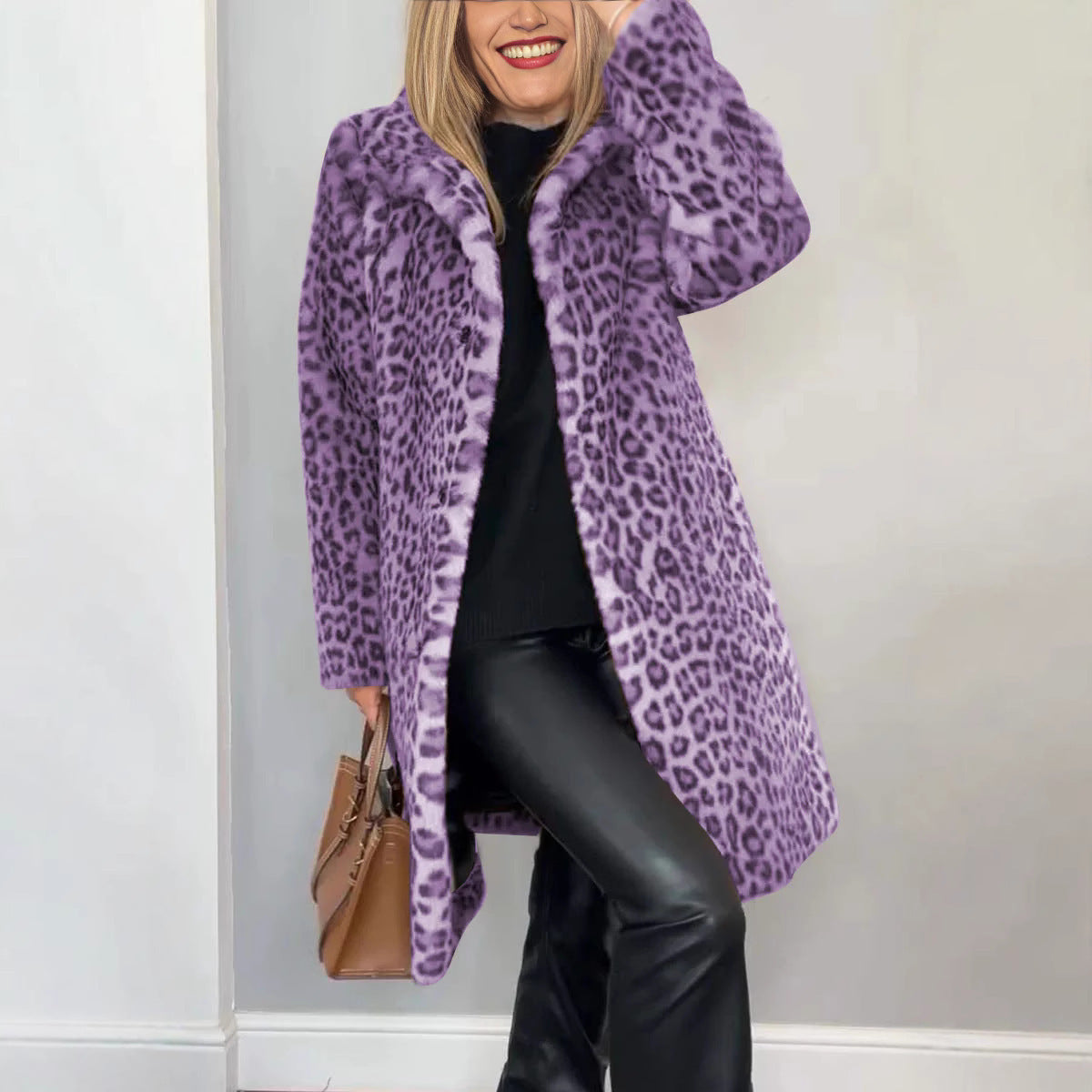 Faux Leopard Print Fur Dress Coat