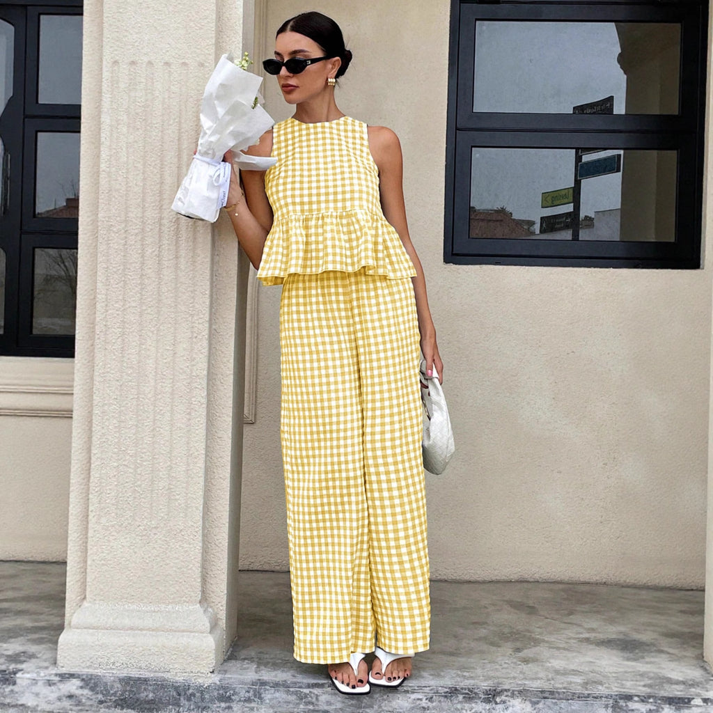 Retro Plaid Sleeveless Top With Ruffled Hem And Straight-leg Pants CJ Dropshipping Retro Plaid Sleeveless Pants Set