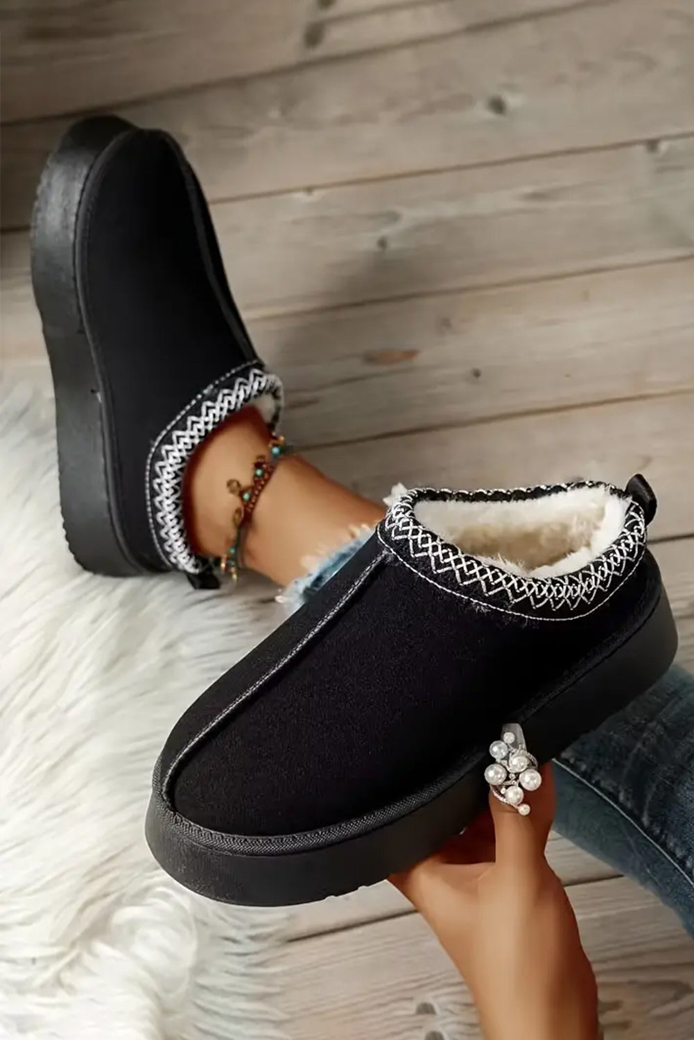 Black Suede Fur lined Thick Flat Slippers